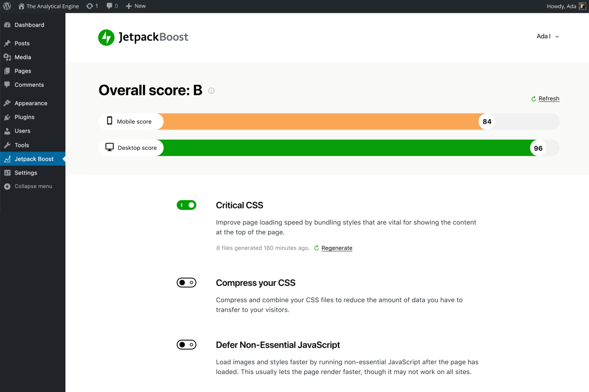 An image showing a screenshot of Jetpack Boost plugin's home page. It shows a website's overall score on mobile and desktop, and includes toggles to turn on Critical CSS, Compress your CSS, and Defer non-Essential Javascript