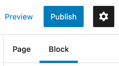 Publish button, with the cog wheel next to it, opening up the Block settings. 