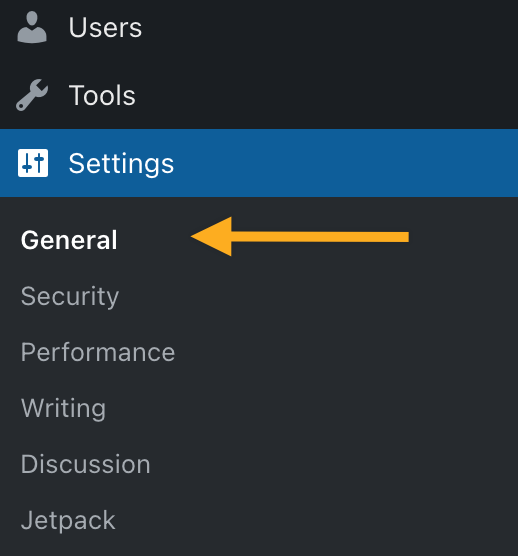 A screenshot of the WP Admin sidebar, showing the dropdown menu under Settings. The first item in the list is "General"
