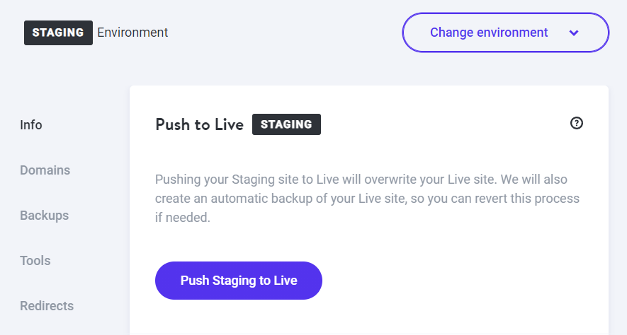 staging environment option to push changes live