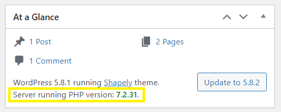 PHP version listed in the At a Glance section