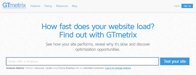 GTMetrix speed test homepage
