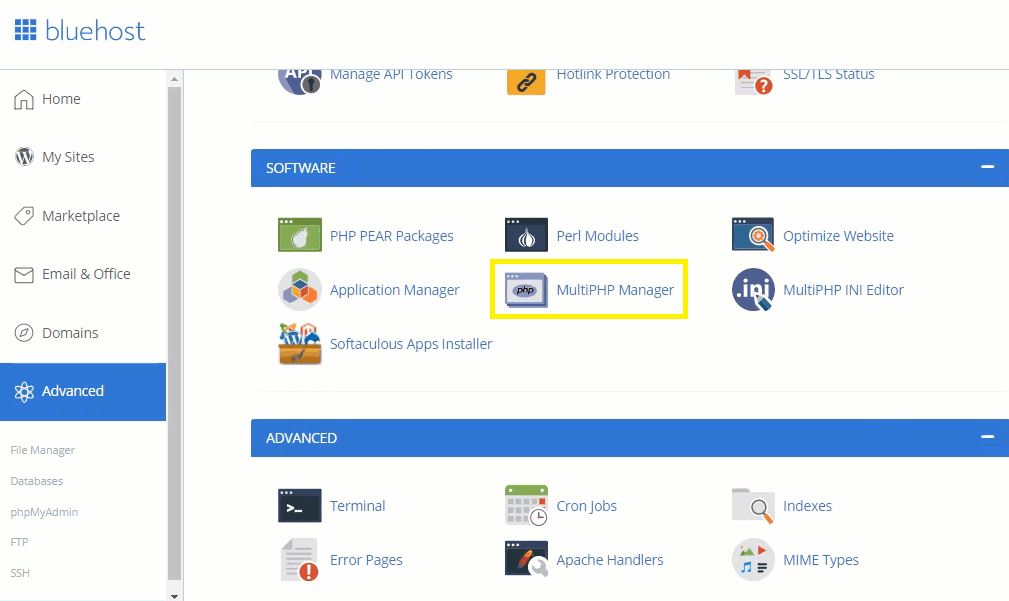 Bluehost interface showing the MultiPHP Manager
