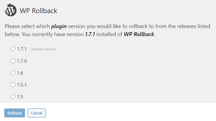 WP Rollback plugin versions