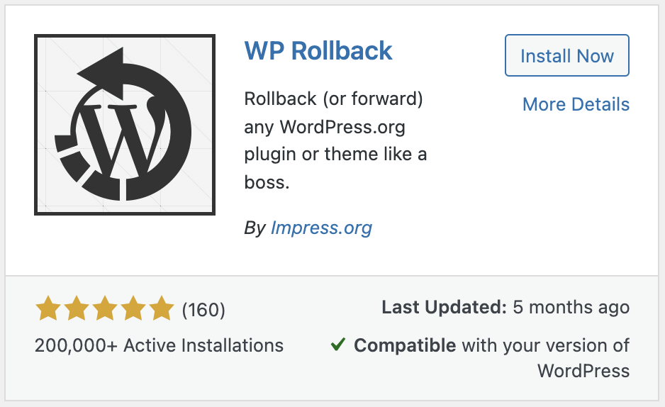 le complément de WP Rollback dans la bibliothèque WP.org