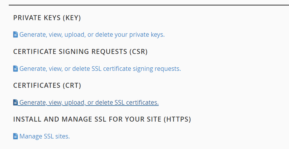 options for private keys and generating SSL certificates