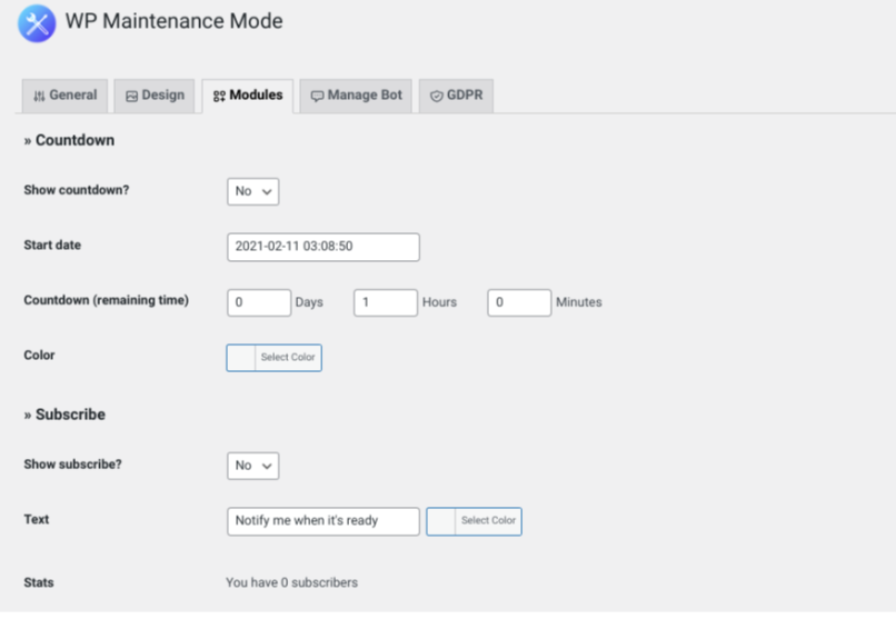 module options in the WP Maintenance Mode plugin
