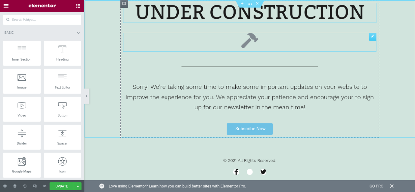 Under Construction page design with Elementor