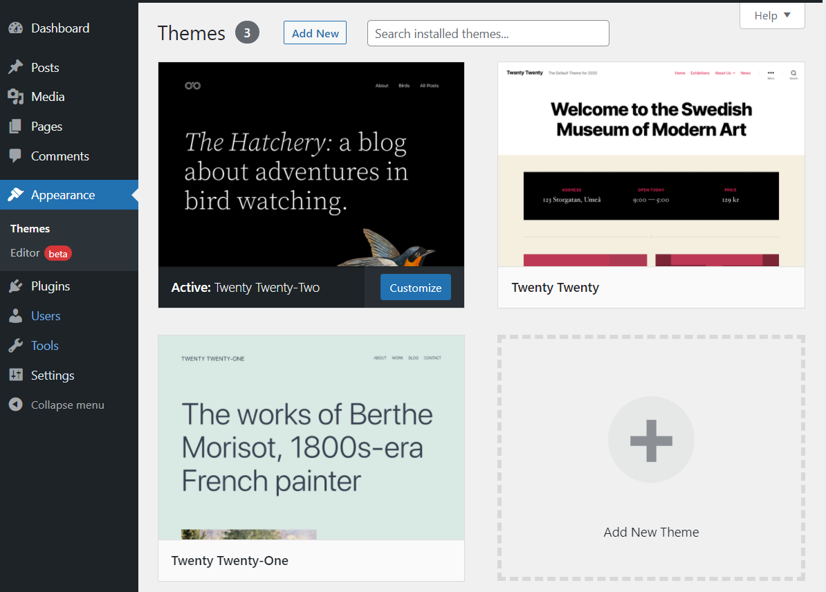 theme options in the WordPress dashboard