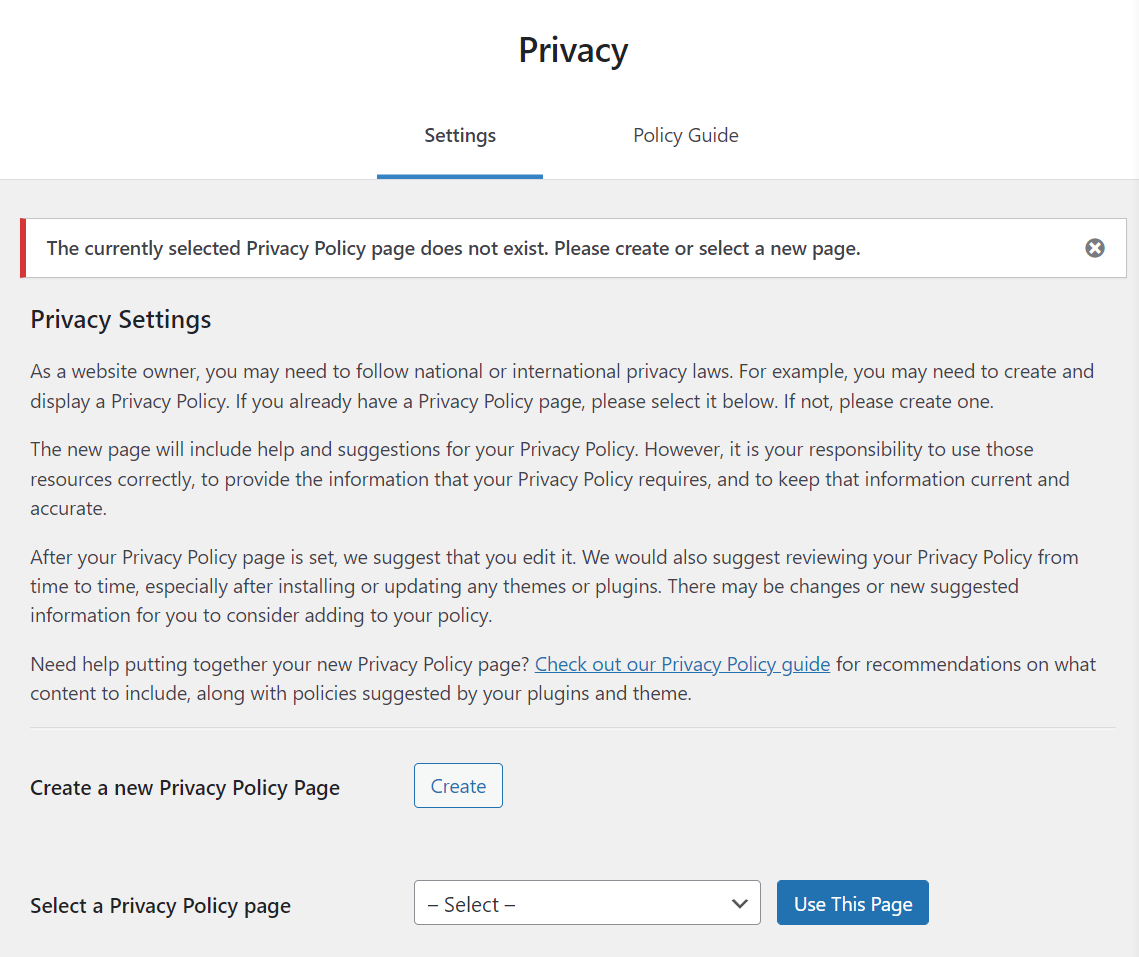 WordPress privacy policy page generator