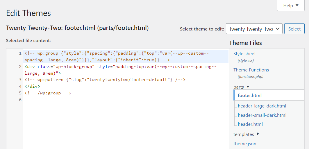 the footer.html file in the theme editor
