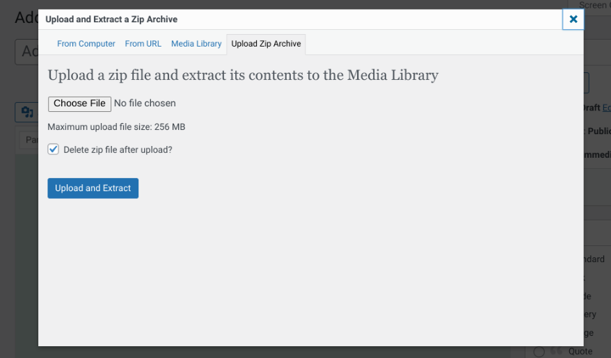 option to upload a ZIP file to the media library
