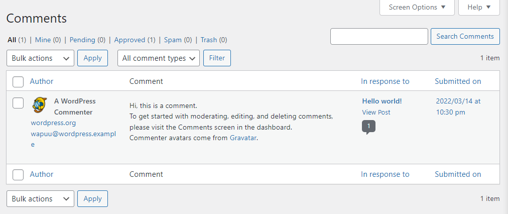 a comment viewed in the WordPress dashboard