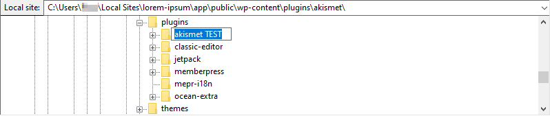 renaming a plugin folder in FileZilla