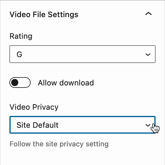 Screencase of Video File settings where someone is choosing between Private and Public from the Video Privacy dropdown menu