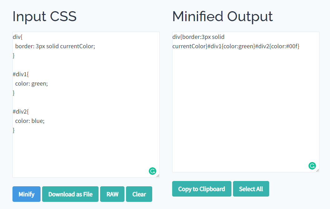 original CSS and the minified version shown in Toptal's CSS minifier