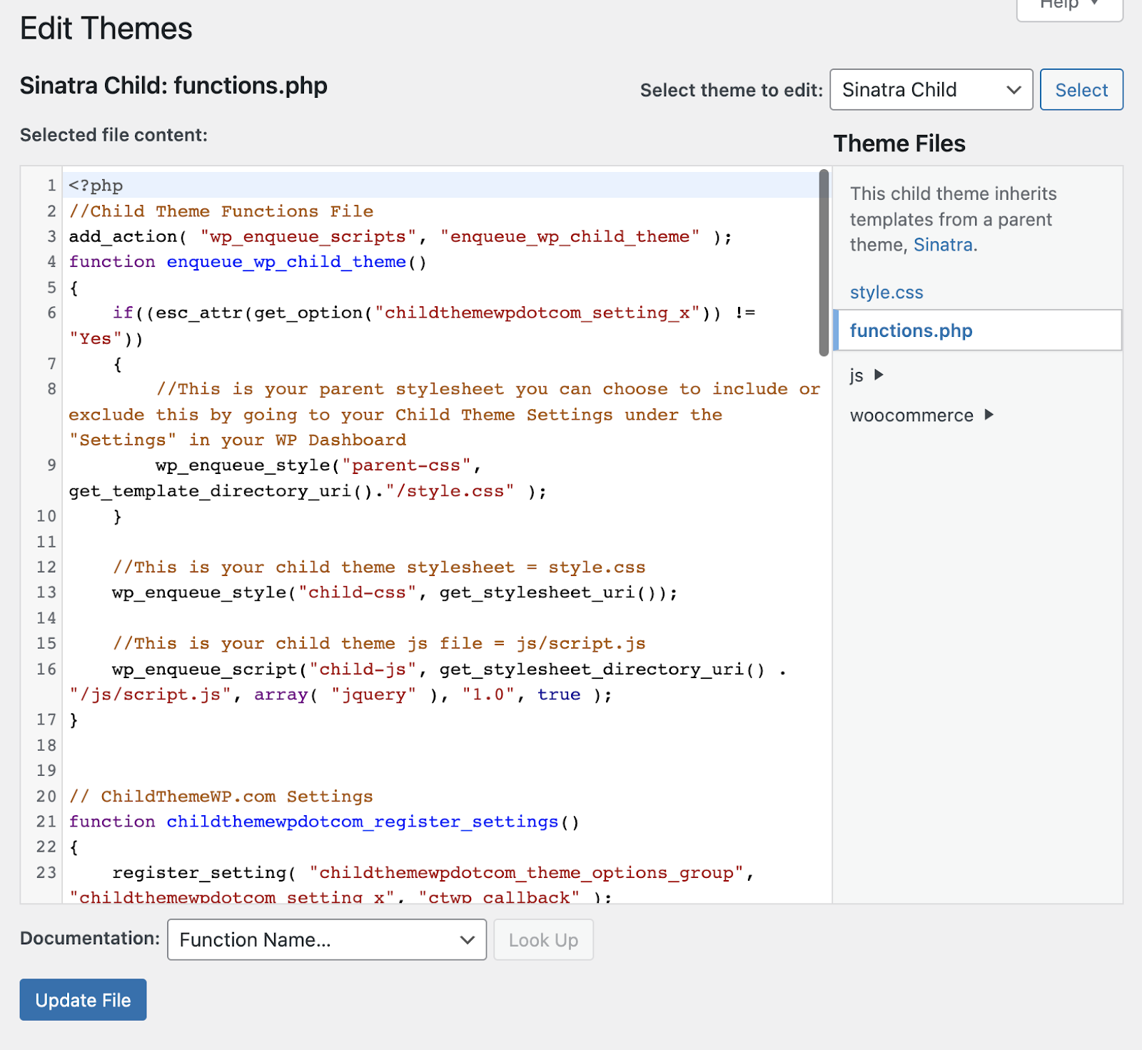 Editing the WordPress functions.php file in the theme file editor inside the wp-admin panel
