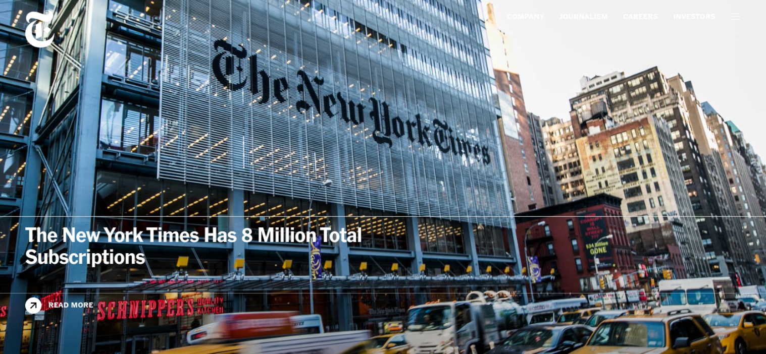 The New York Times homepage with a large photo of New York City