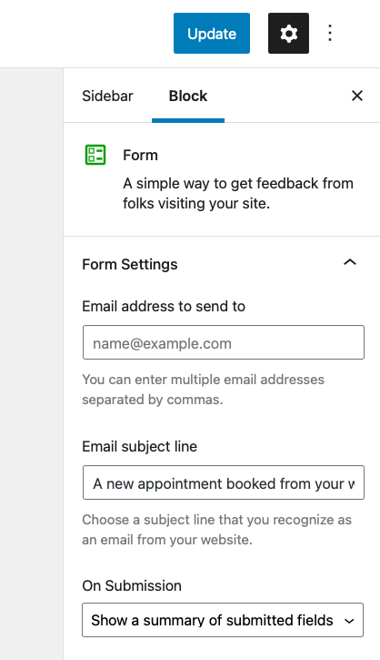 settings available for a Form block