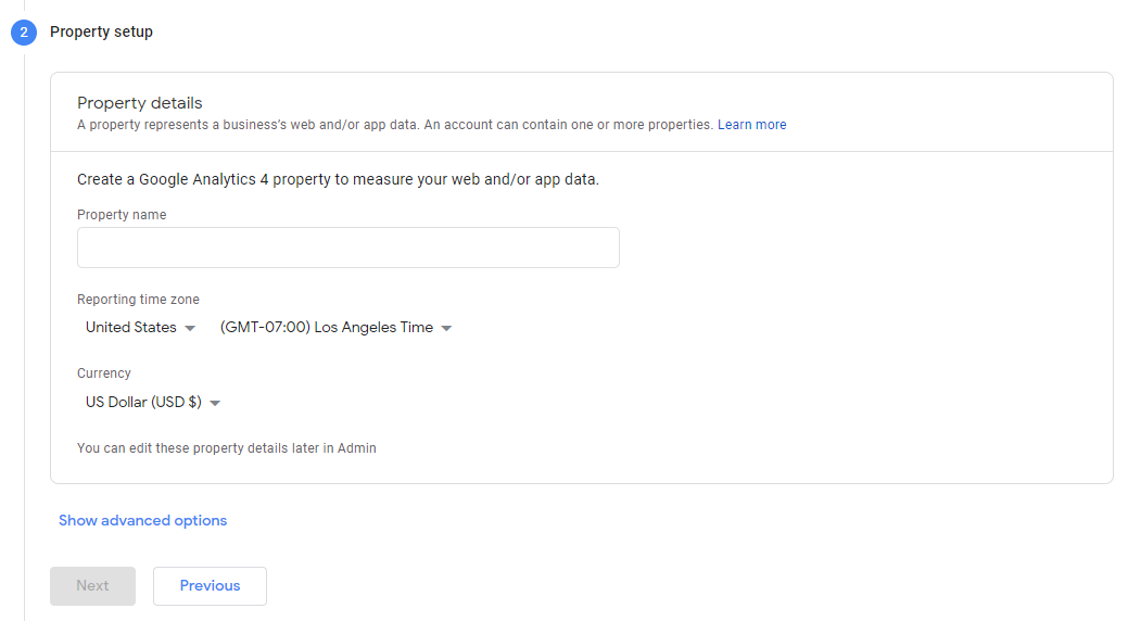 adding property details for Google Analytics