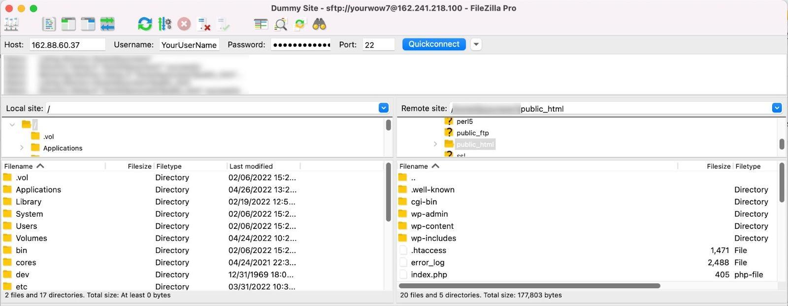 example of the public_html folder viewed via FileZilla