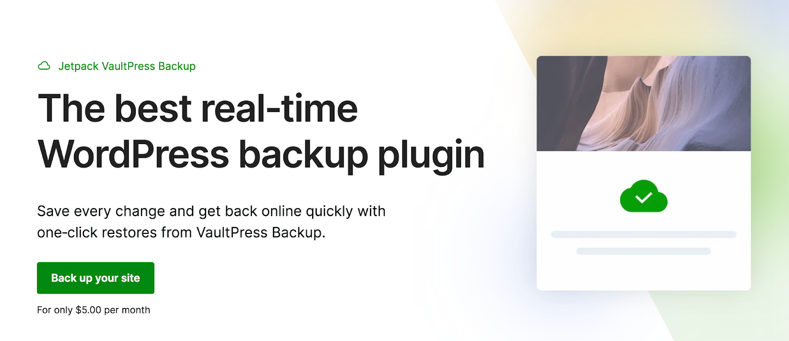 Jetpack VaultPress Backup homepage with the text "The best real-time WordPress backup plugin."