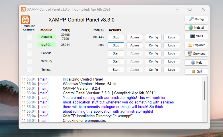 choosing modules in XAMPP