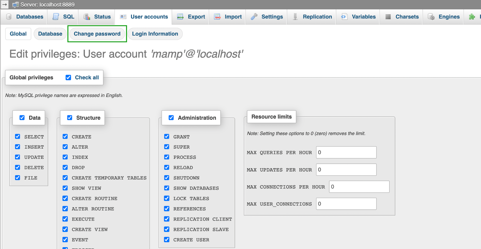 Locate the account with the username mamp, and click on Edit privileges → Change password.