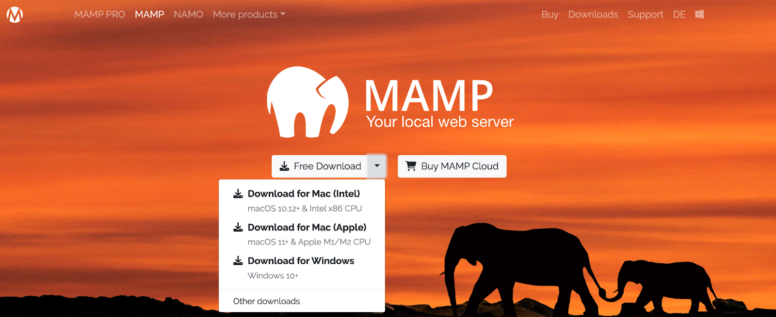 Simply navigate to the MAMP website and click on the Free Download button.