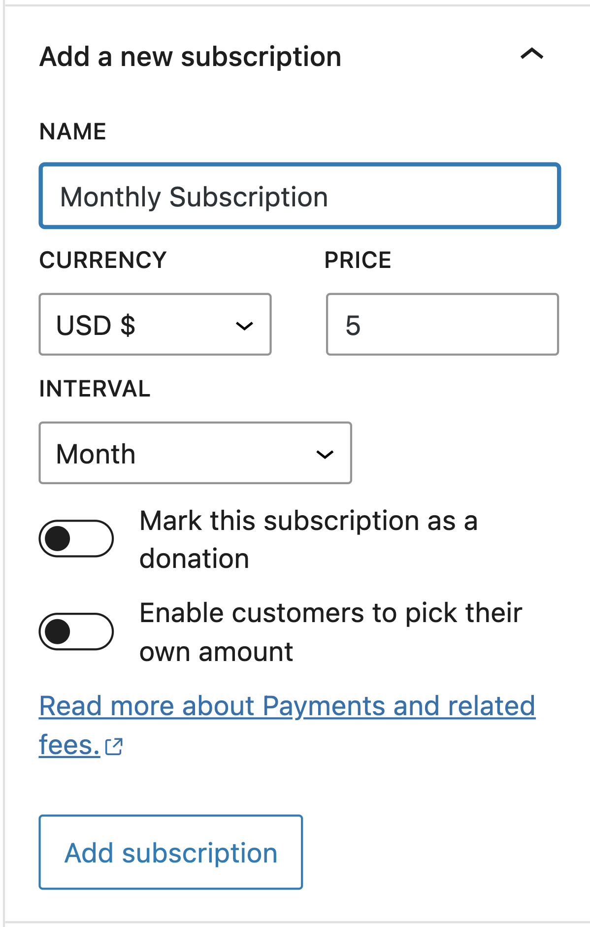 Form for adding a new subscription