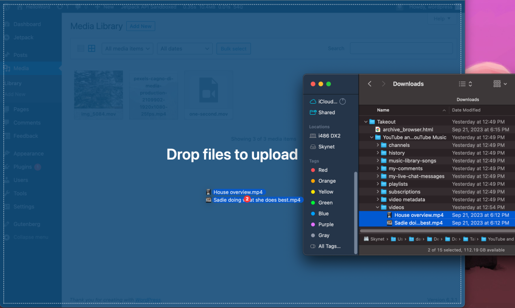 Screenshot showing a drag and drop action from downloads folder to WordPress Media Library