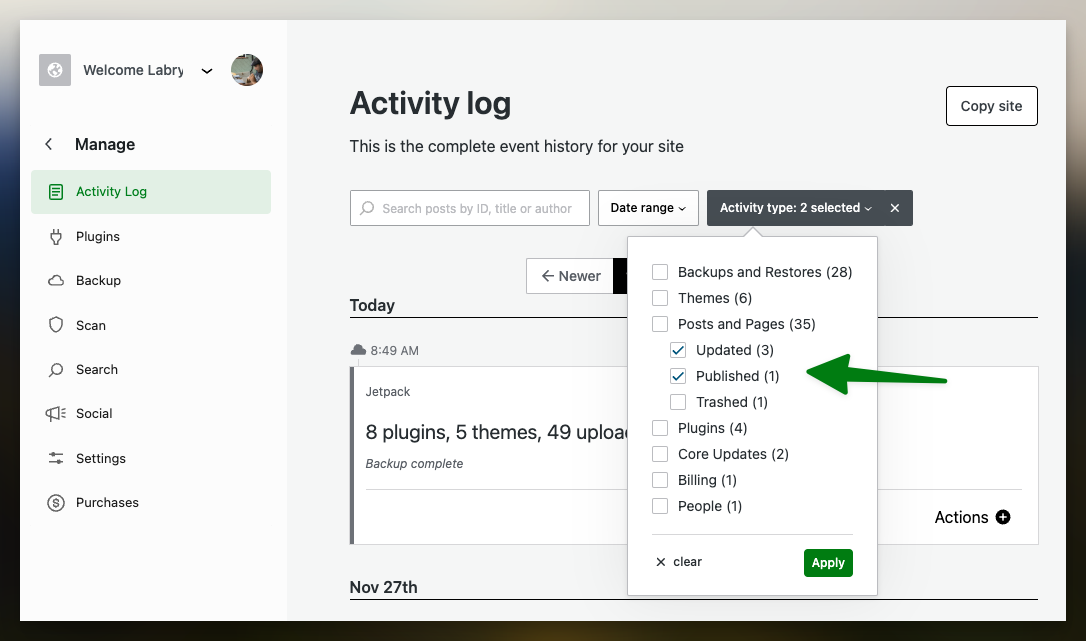 Activity log page in Jetpack Cloud using the granular filter of Posts and Pages by their status