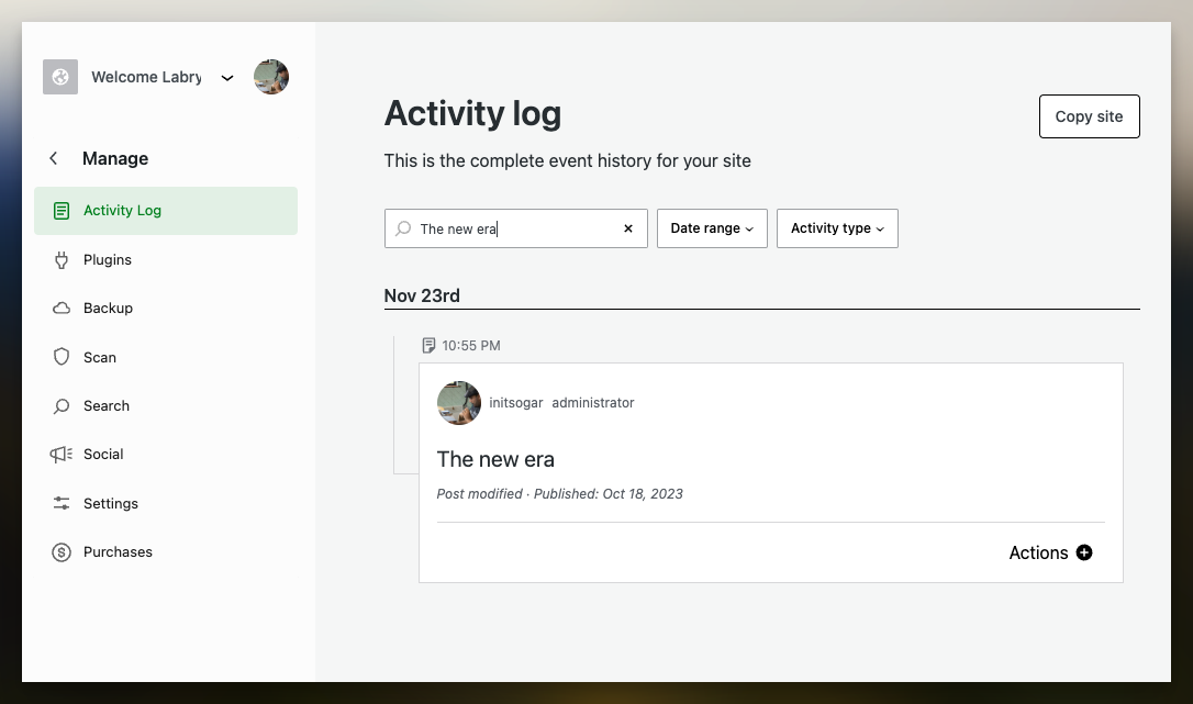 Activity log page in Jetpack Cloud using the new option to search your activities by post ID, title or author