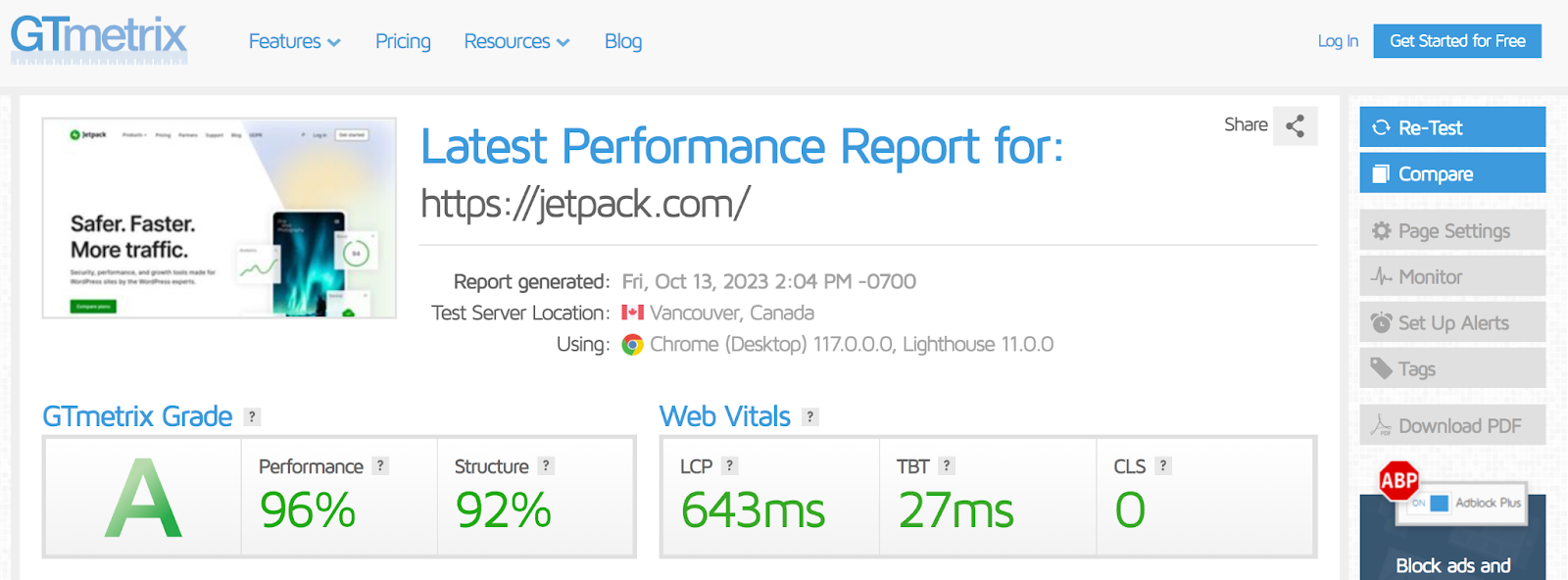 GTmetrix speed report for Jetpack.com