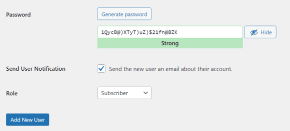 creating a strong password in WordPress