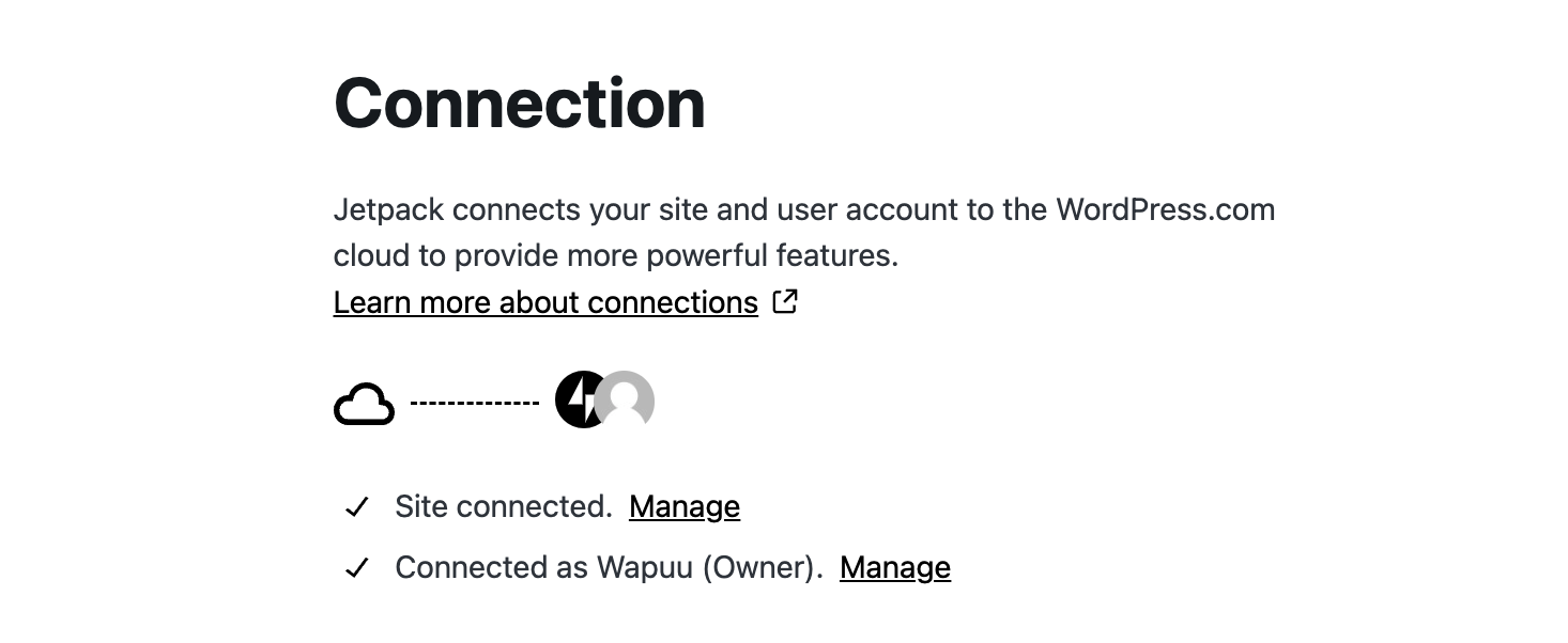 Secction "Connection" on the My Jetpack page. Shows the status of the Jetpack connection and which WordPress.com account is connected. Has a link to Manage the connection.