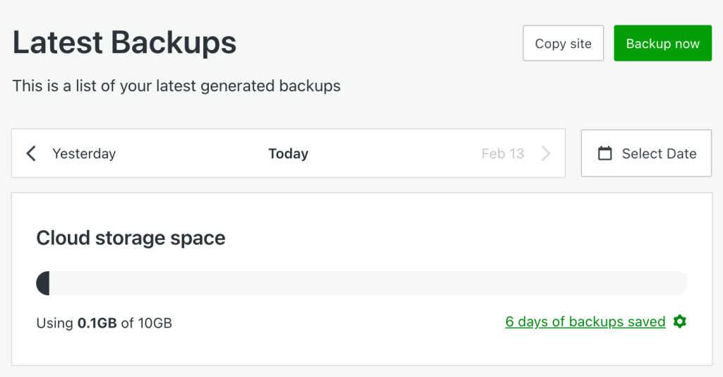 Jetpack Backups Dashboard, with an option to Backup now button. 
