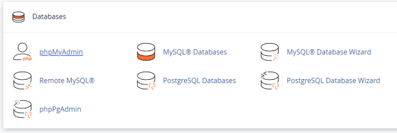 Simply scroll down in your cPanel dashboard until you find the Databases section. When you locate it, click on phpMyAdmin.