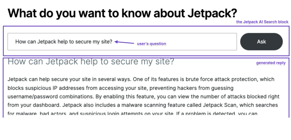 The Jetpack AI Search block in action with How can Jetpack help to secure my site question from user in the search field and the generated reply.