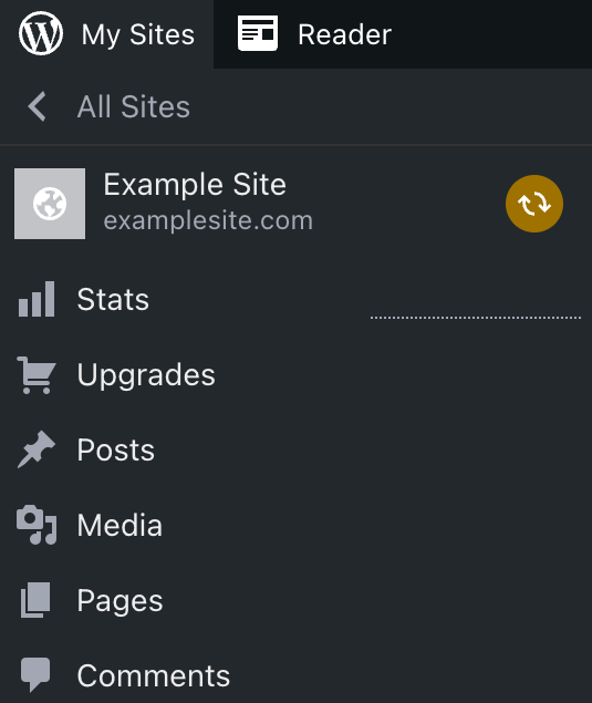 Screenshot of the WordPress.com sidebar with a yellow icon showing two circular arrows, indicating an update is needed. 